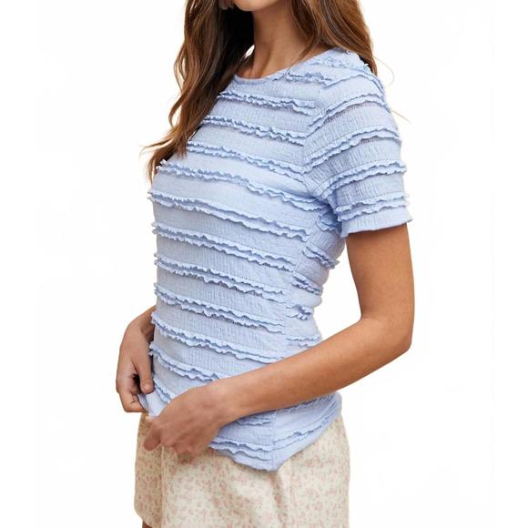 NEW ANNIEWEAR ruffle trim textured knit short sleeve top in sky blue - Picture 2 of 3